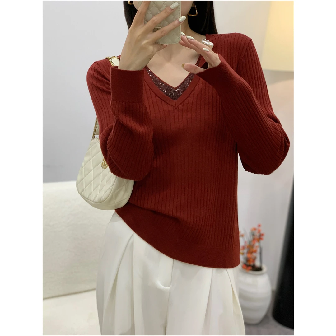 v领烫钻纯色针织衫女长袖套头宽松显瘦气质打底衫设计感上衣时尚
