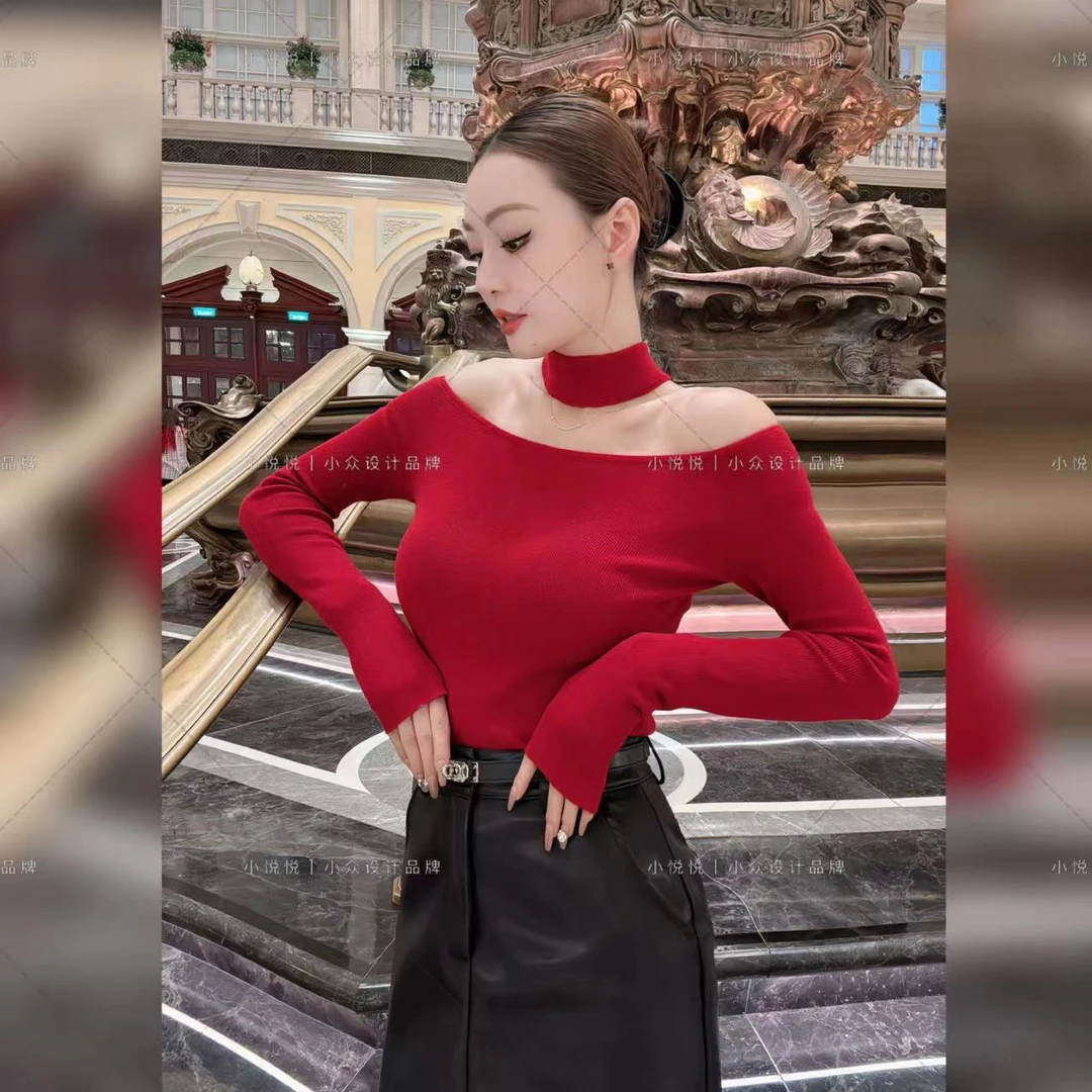 程悦夫妇肩上【新品】A-01793挂脖一字肩红色毛衣女秋冬减龄性感