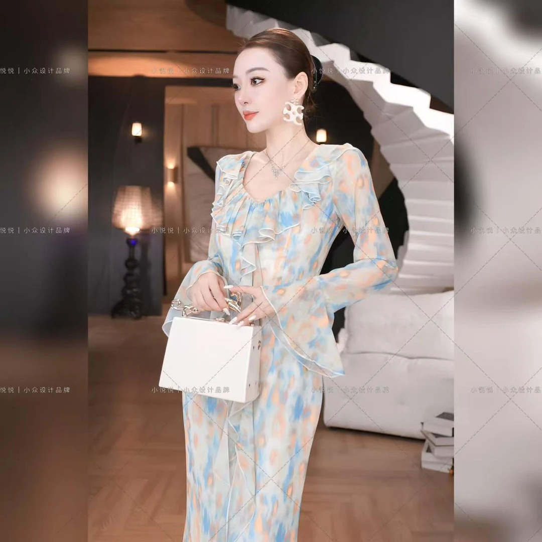 【彼岸花神】A-01769时尚印花秋季小众设计师女装连衣裙