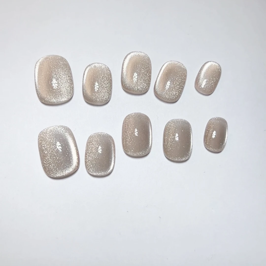 Q【豆豆甲】小灰猫 玻璃珠猫眼短款美甲贴片拆卸假指甲贴片