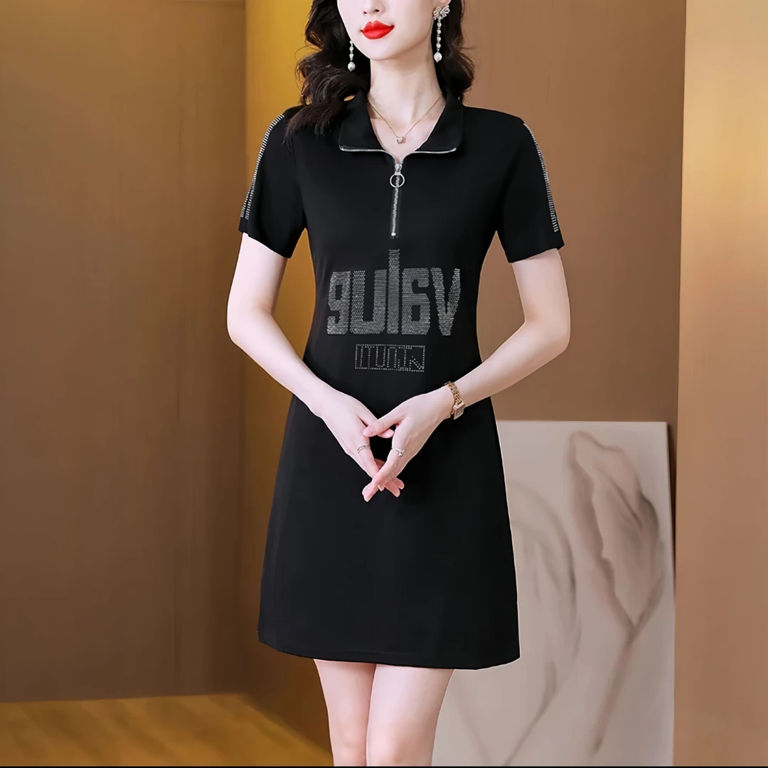 夏季新款休闲时尚黑色气质洋气亮钻裙子中长款宽松连衣裙女