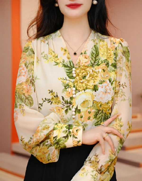 诺诗 夏季新款洋气宽松显瘦优雅轻奢气质印花百搭V领长袖S24L150