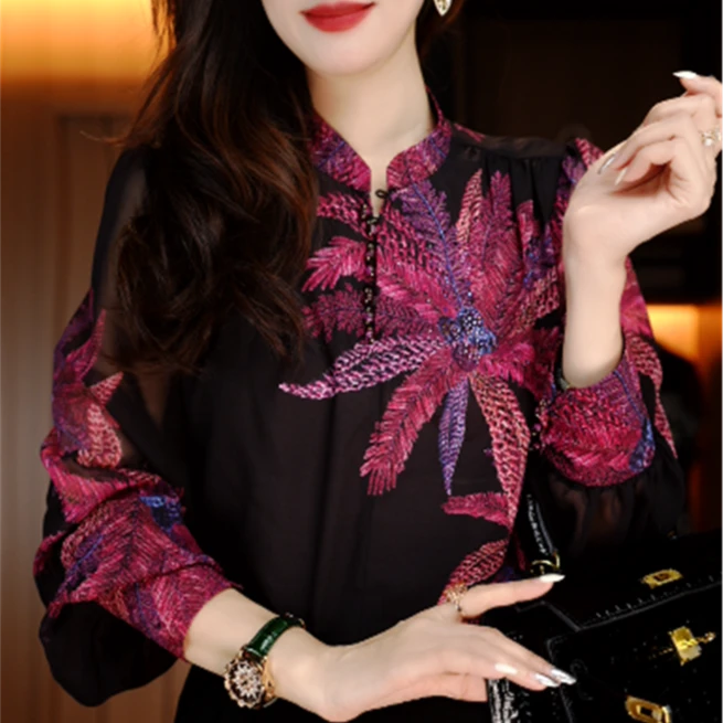 诺诗 新款洋气宽松显瘦优雅轻奢气质印花百搭小衫V24G171