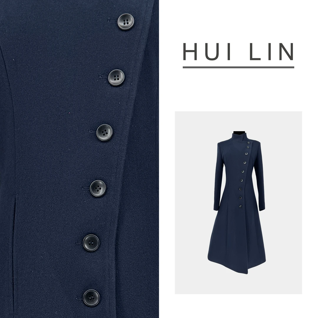 【冬季新款】藏蓝色单排扣A摆超气场英伦风复古加棉大衣【24992】