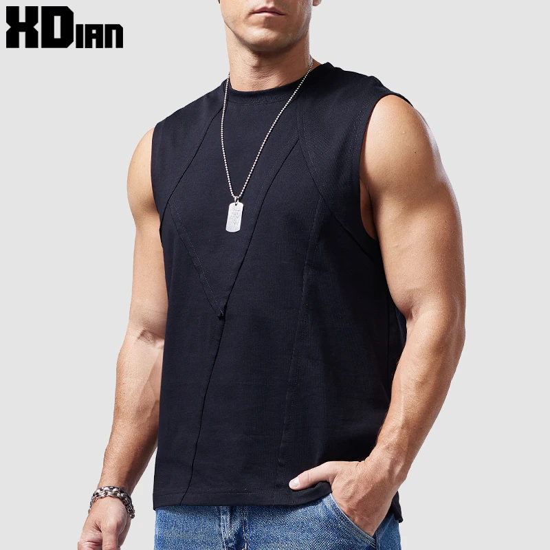 重磅个性拼接开衩宽肩背心男士无袖T恤纯棉宽松夏季坎肩t休闲潮流