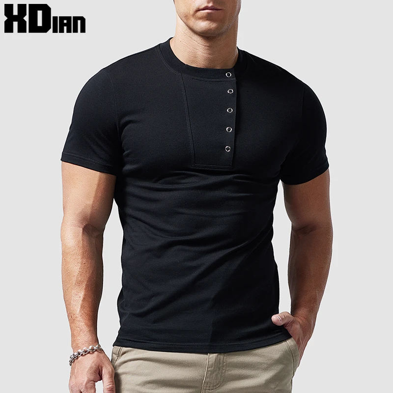 美式休闲硬汉亨利领t恤男短袖紧身修身夏季亨利衫打底衫带扣T体恤