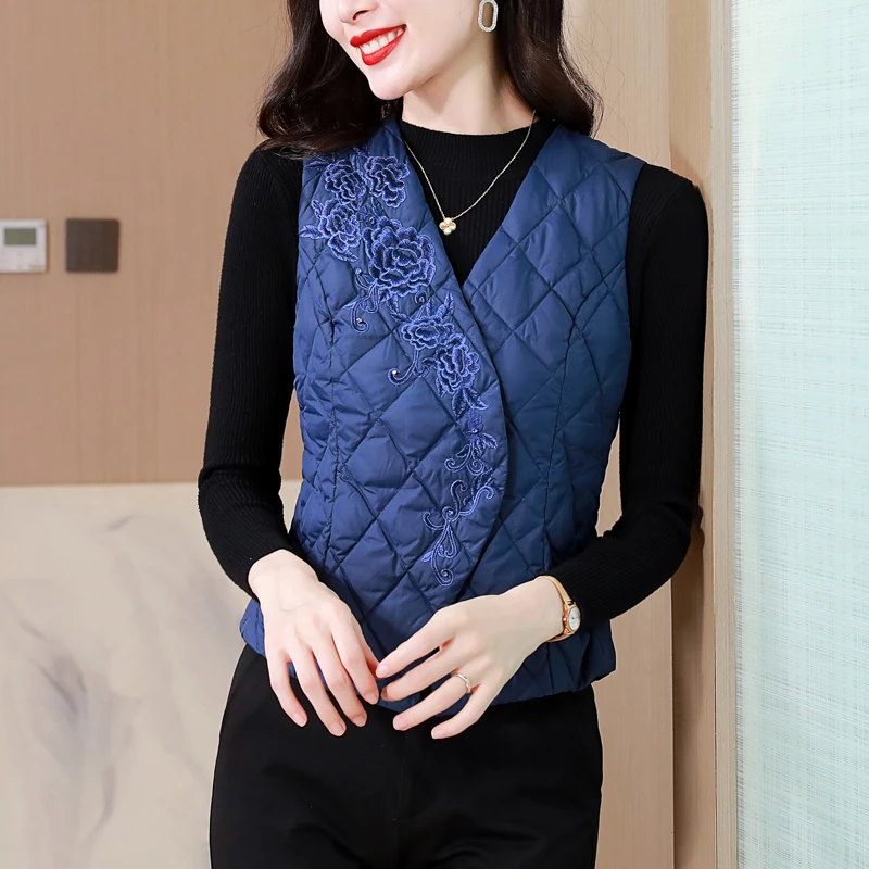 M-3XL KRN1803 复古刺绣棉服马甲外套女轻薄款秋冬外穿棉服背心