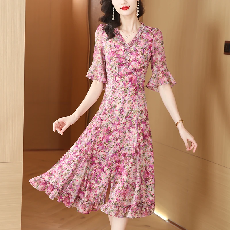 M-4XL KRN8624 夏季新款V领喇叭袖雪纺植物花卉荷叶边连衣裙