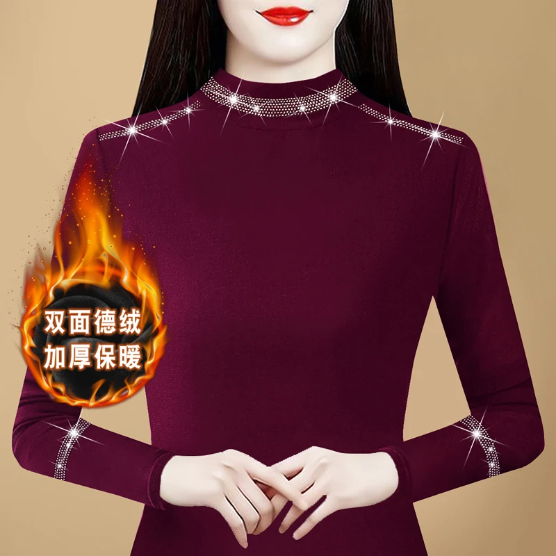 秋冬新款内搭长袖T恤女显瘦烫钻安哥拉红洋气德绒半高领打底衫