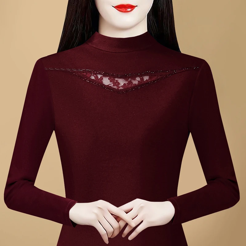 秋冬新款长袖T恤女打底衫女半高领套头纯色时尚蕾丝镂空百搭上衣
