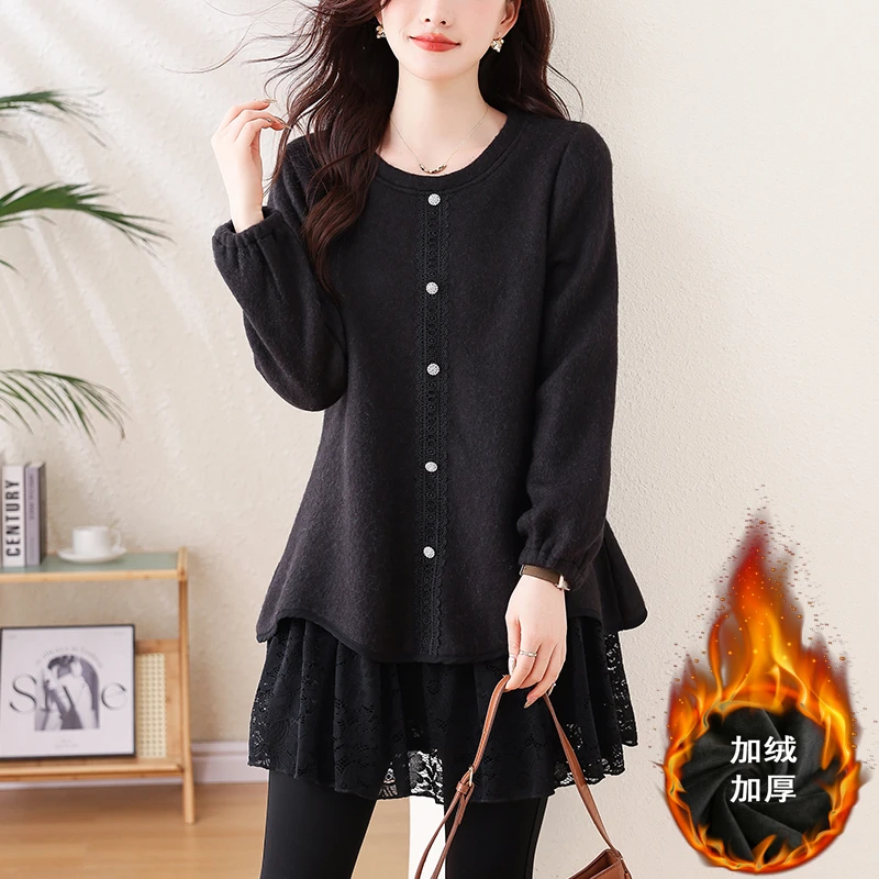 加绒加厚大码200斤胖mm2024冬新款显瘦打底拼接精上衣洋气长袖
