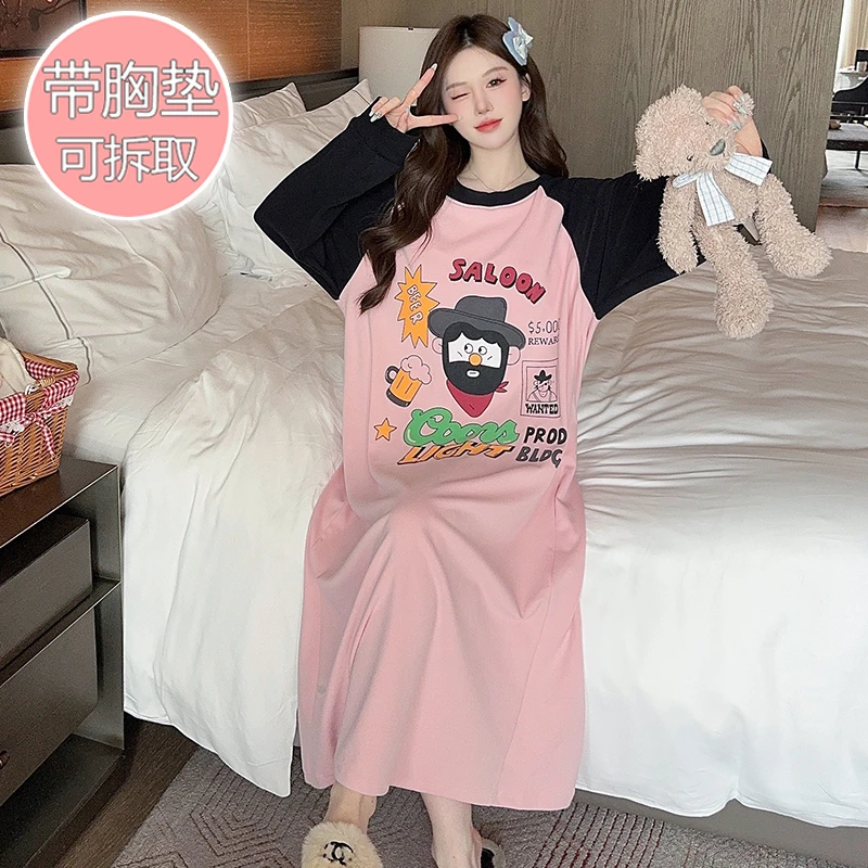 带胸垫加大码250斤睡衣女春秋季加肥胖mm双面德绒中长睡裙家居服