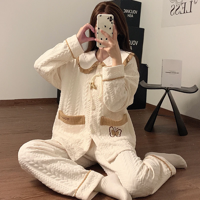 大码210斤空气夹层睡衣女保暖秋冬甜美宽松加肥胖mm家居服可外穿