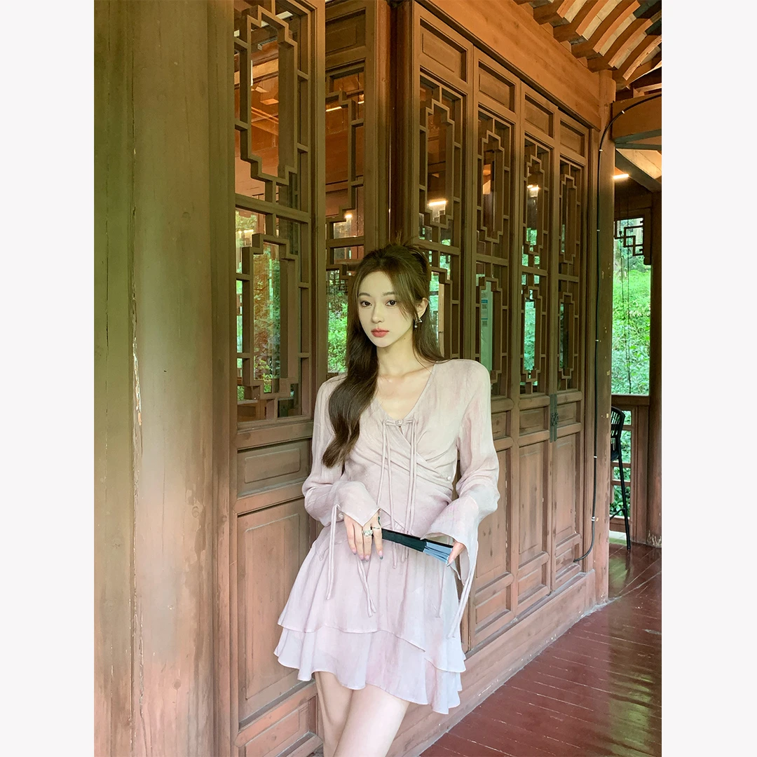 安酒月【浮生若梦】新中式盘扣V领小衫荷叶边裙裤套装女AJ3FZZ07