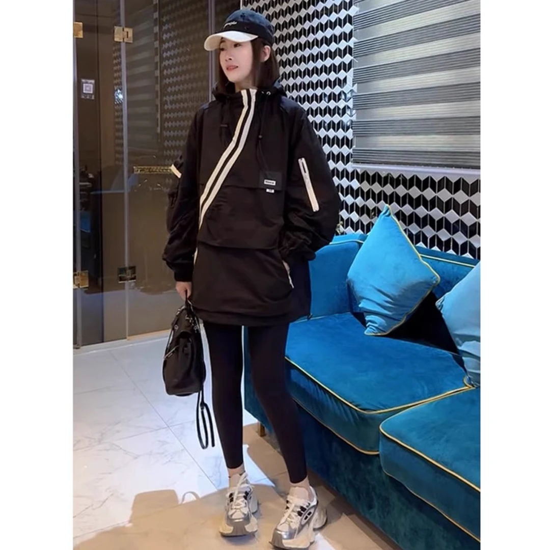 春秋设计感炸街时尚休闲宽松韩版小个子黑色洋气拼接中长款外套