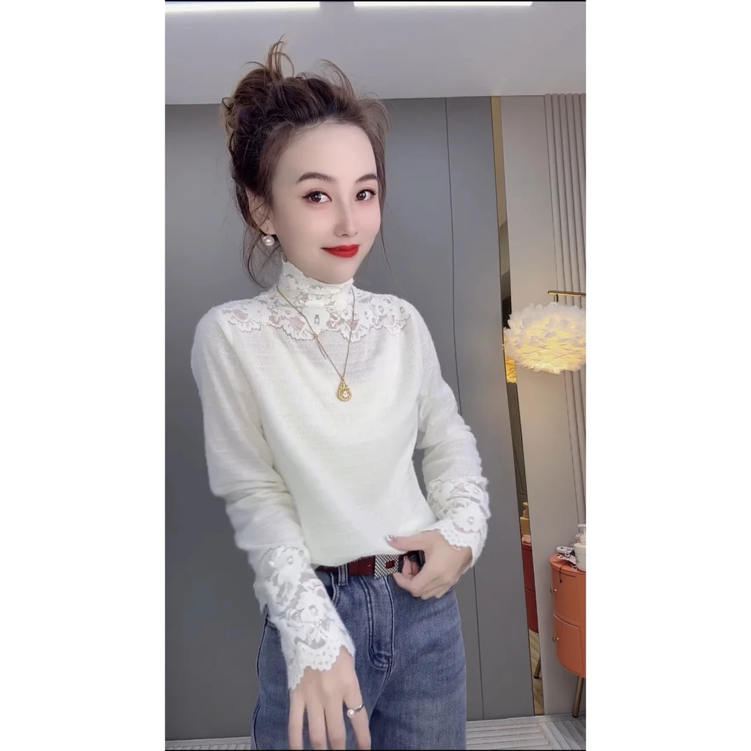 洋气波浪边蕾丝上衣百搭高领长袖打底衫