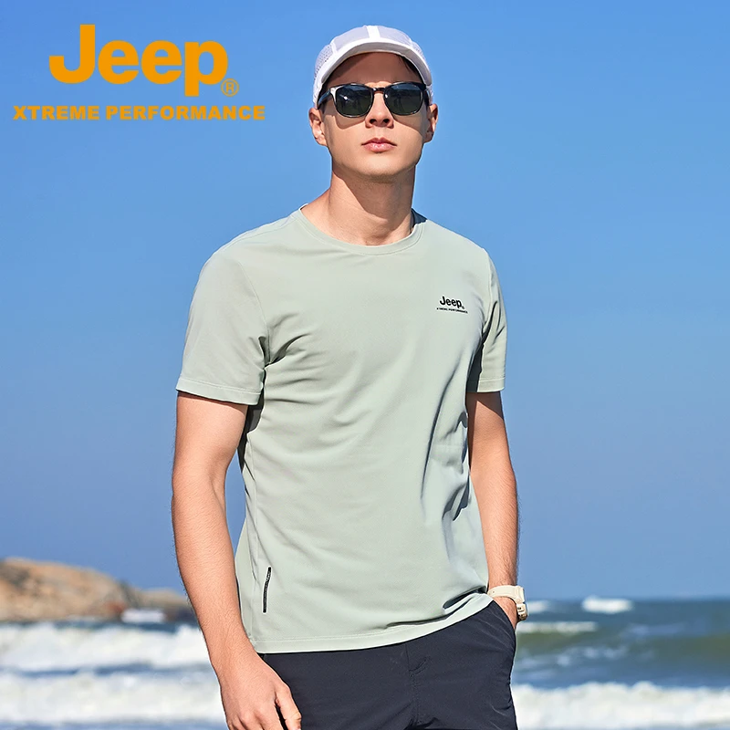JEEP/吉普户外男士圆领短袖超细冰丝珠地亲肤凉感透气防晒50+T恤