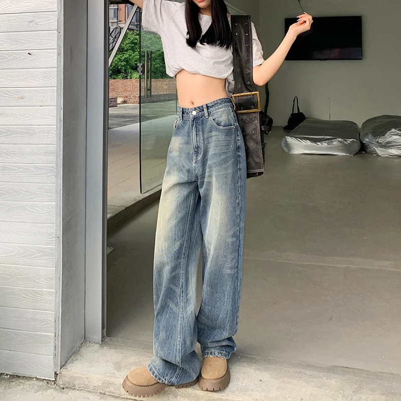 浅蓝色复古水洗高腰阔腿牛仔裤女2025春季爆款宽松显瘦垂感拖地裤
