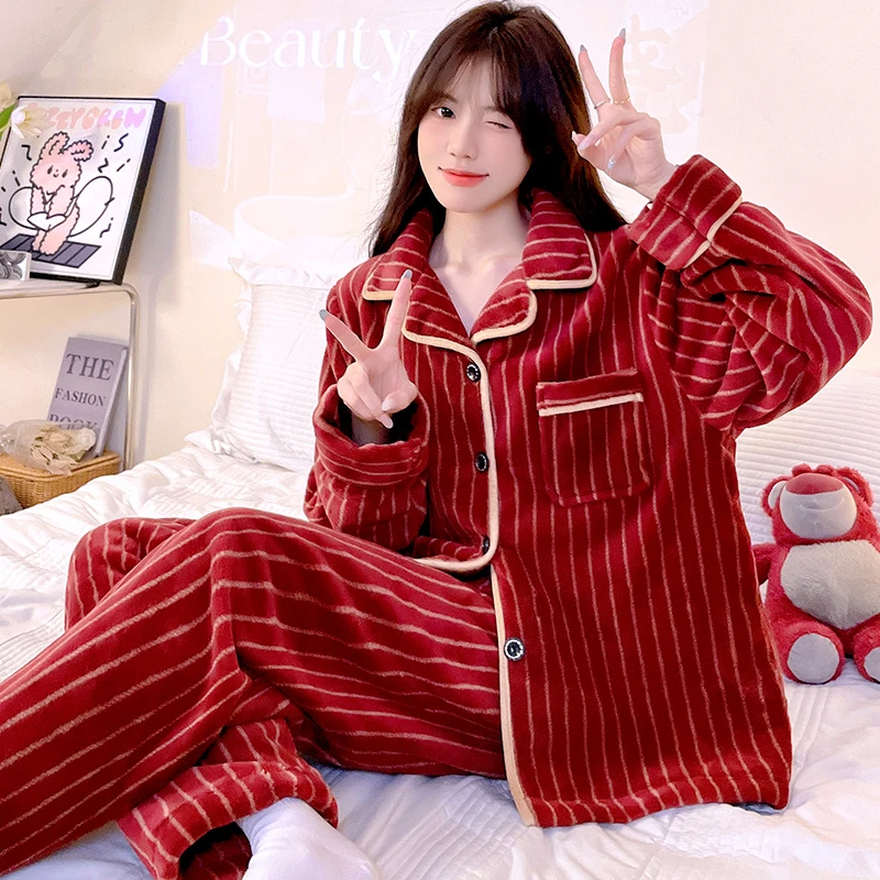 睡衣女秋冬加厚加绒保暖法兰绒红色喜庆甜美开衫珊瑚绒家居服冬季