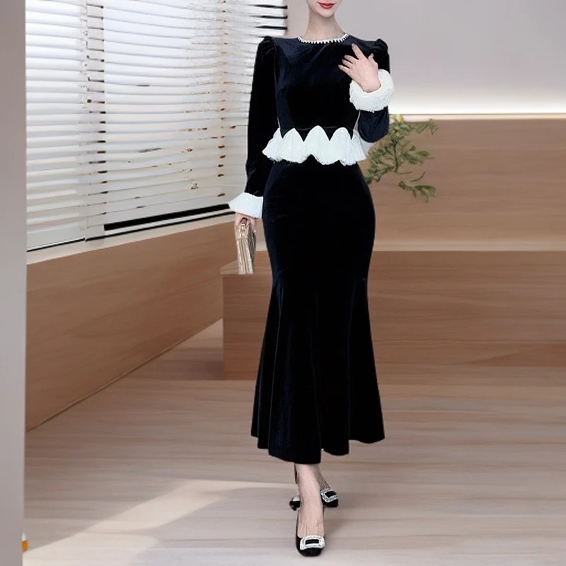 【冯艳定制】新款时尚气质优雅圆领修身显瘦名媛连衣裙45040