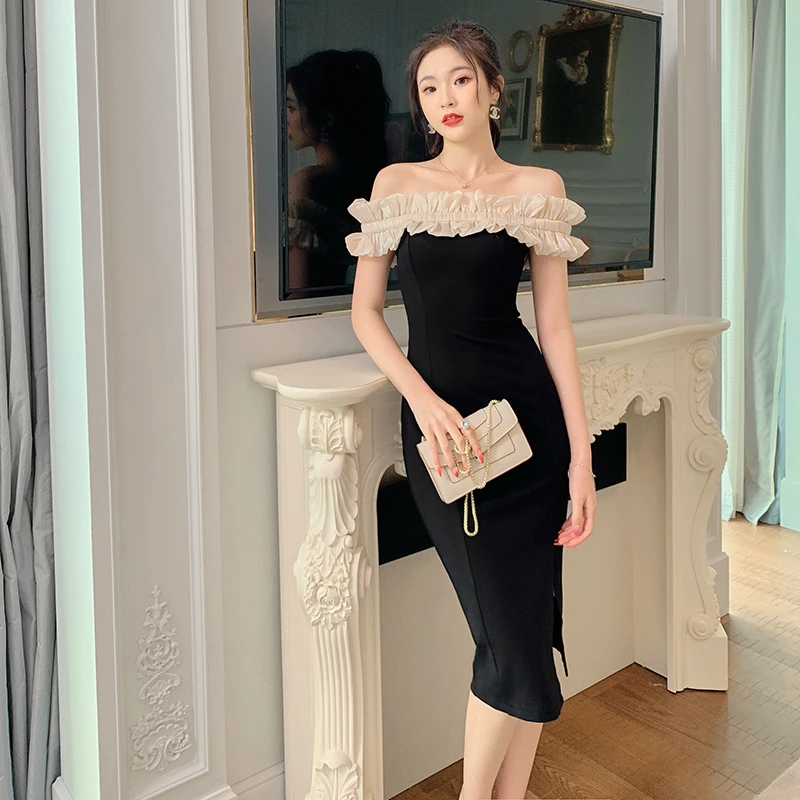 2024夏季新款一字肩连衣裙女露锁骨法式赫本风包臀礼服裙子4993