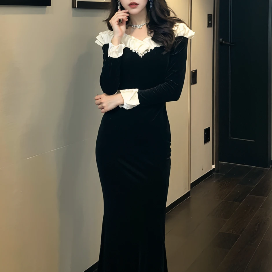 【冯艳定制】新款时尚气质法式修身名媛一字肩复古轻奢连衣裙91685