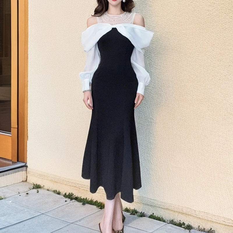 早秋新款法式时尚轻奢拼接收腰显瘦鱼尾连衣裙51100