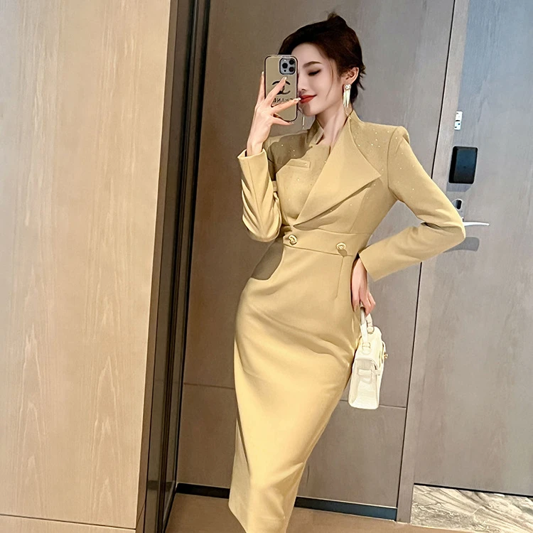 2024新款女装重工烫钻立领设计感通勤职业修身连衣裙潮50708