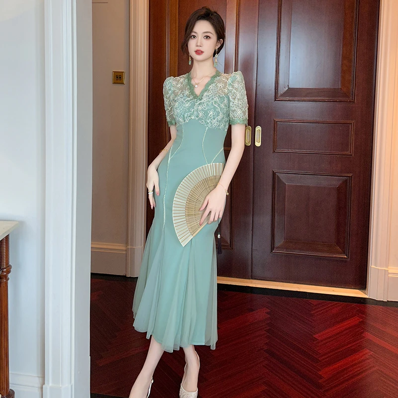 法式收腰显瘦连衣裙v领正式场合长裙包臀鱼尾裙子21099