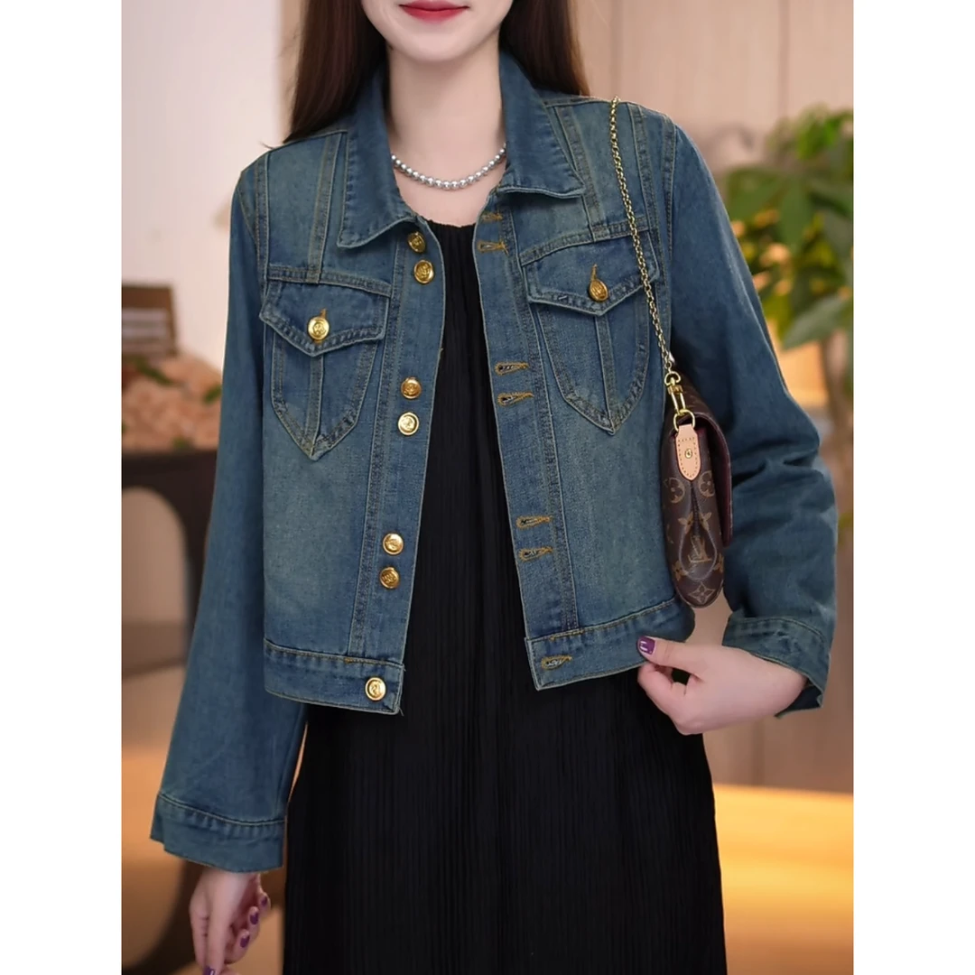 港风复古休闲牛仔外套女2025年春秋时尚宽松显瘦短款夹克正肩上衣