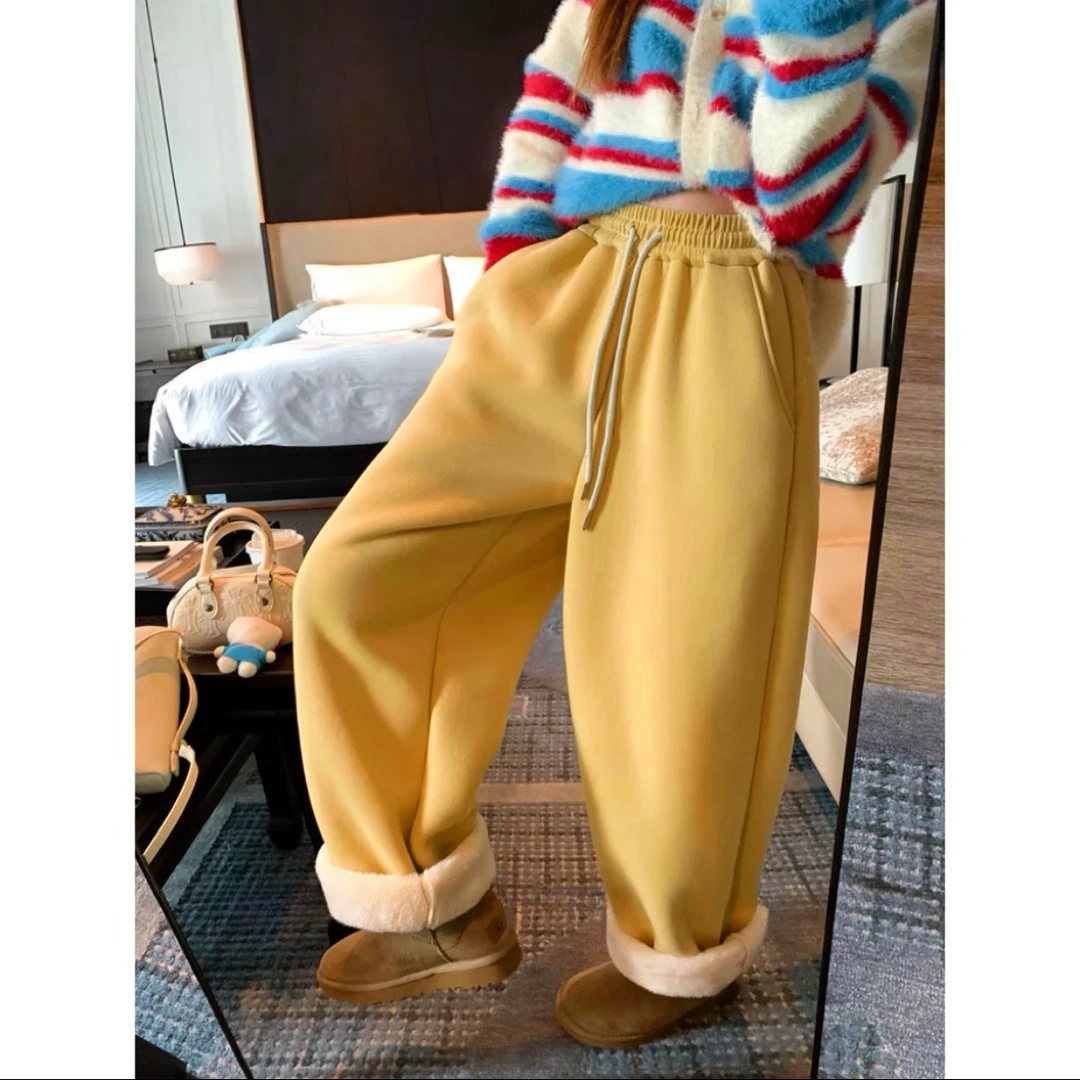 加绒特厚保暖休闲卫裤女高腰宽松显瘦两穿阔腿裤001