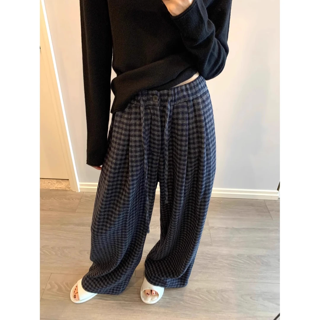 加绒加厚复古高级格子裤西装版纽扣腰绳假门襟休闲裤001