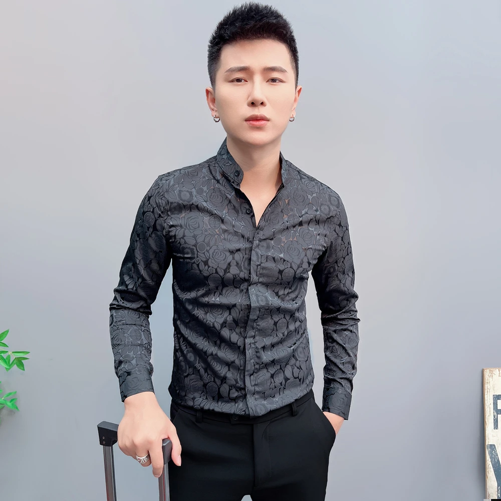 印花薄款个性长袖衬衫痞帅韩版修身寸衫社会小伙衬衣春秋休闲衬衣