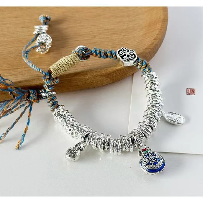 足银手链 吞金兽足银珐琅盘缠 实心999足银好运招财送闺蜜送朋友