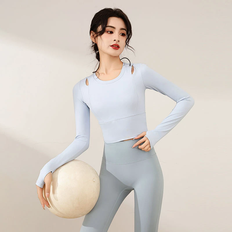 带胸垫瑜伽服春夏显瘦长袖运动上衣女专业跑步普拉提训练健身衣服