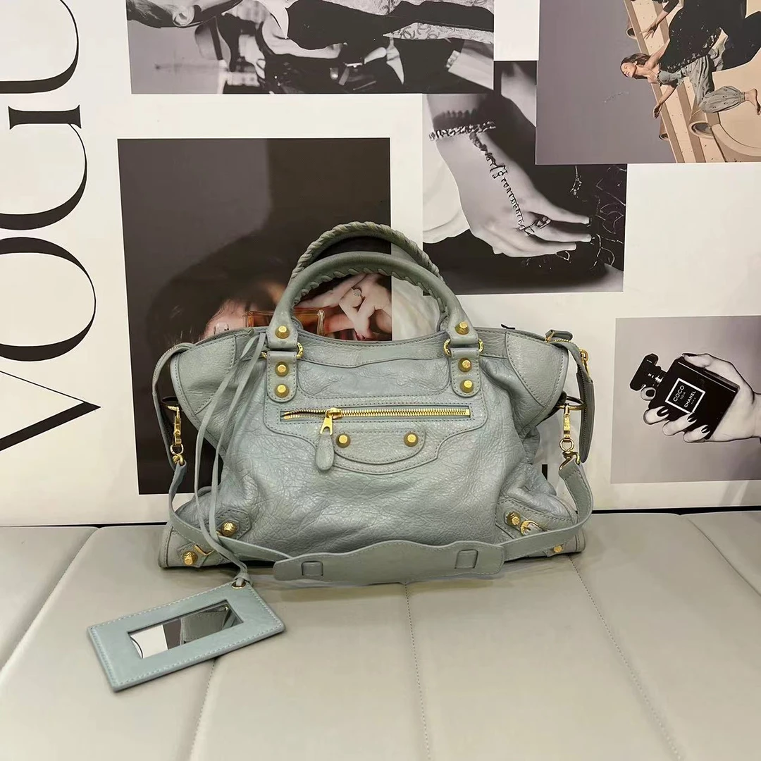 95新 Balenciaga/巴黎世家 大有/巴黎世家浅蓝机车单肩包/60566
