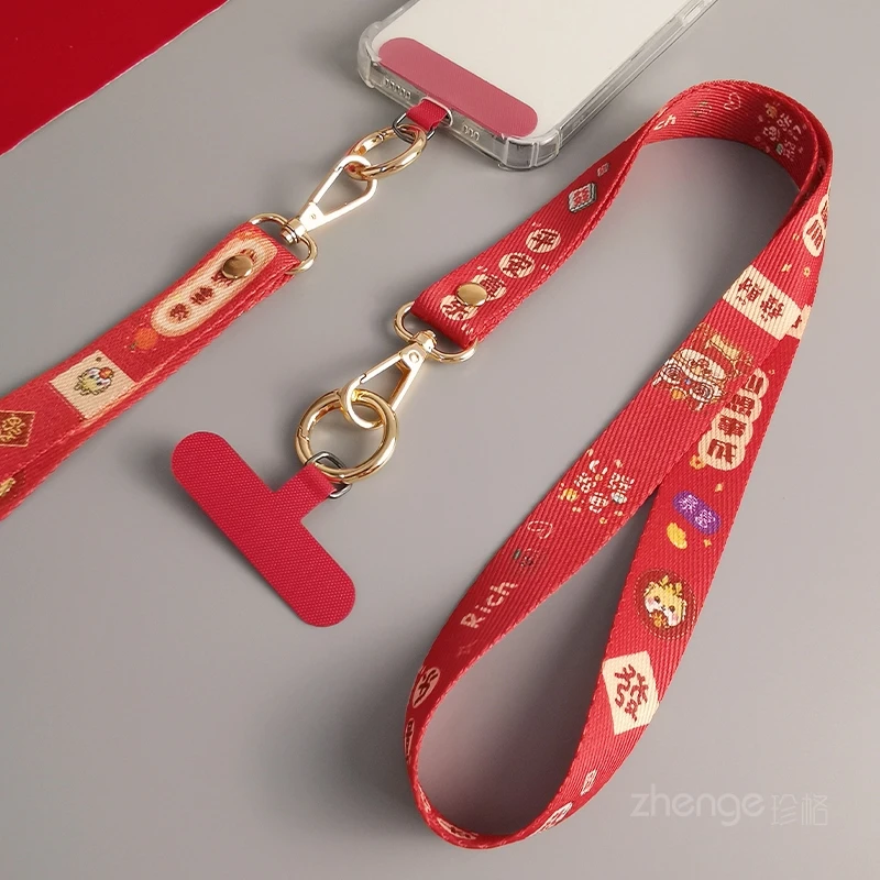 彩绘编织手机挂绳红色喜庆长款挂脖背绳短款手腕手机挂饰绳手提