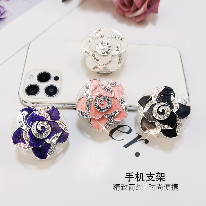 手机支架指环创意玫瑰花朵手指扣镶钻多功能旋转支撑女款网红新款