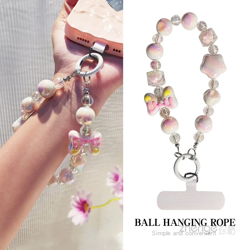 涂鸦蝴蝶结炫彩圆珠手链女挂链手机挂绳短款夹片式手机壳通用吊绳