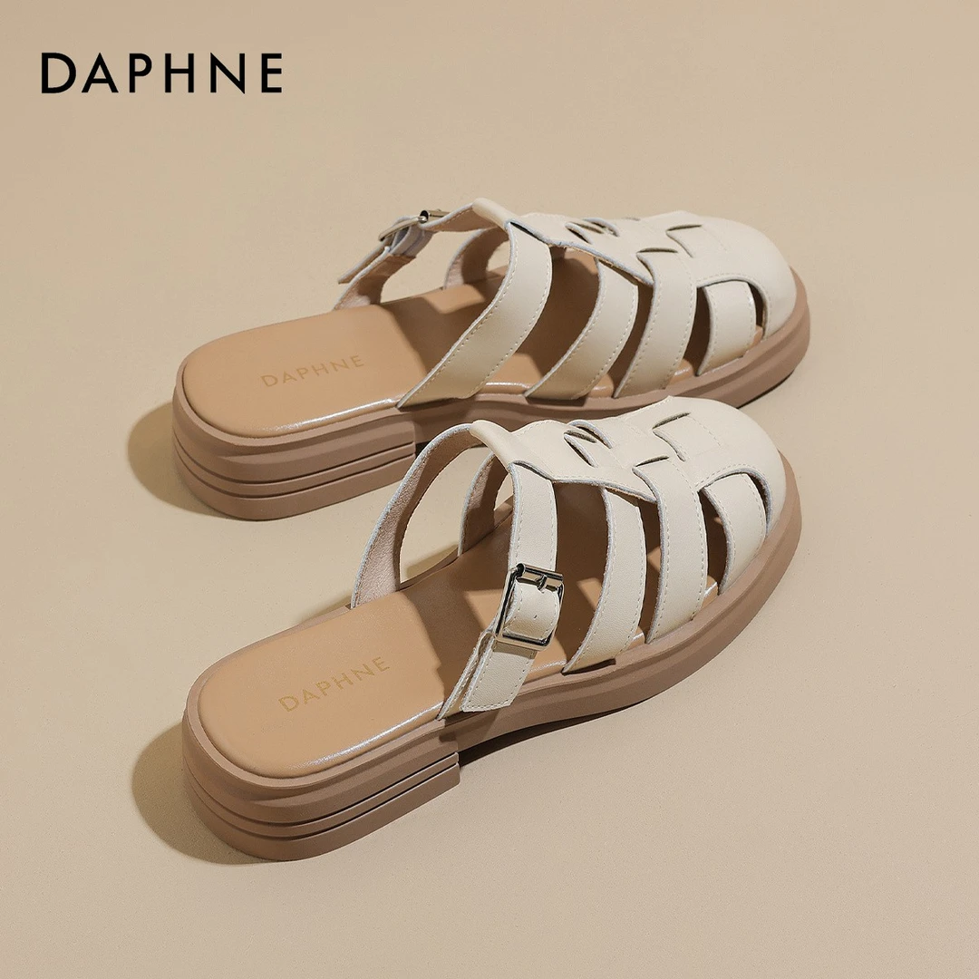 达芙妮编织罗马凉鞋女2024露趾夏季仙女风平底半拖海边沙滩凉拖鞋