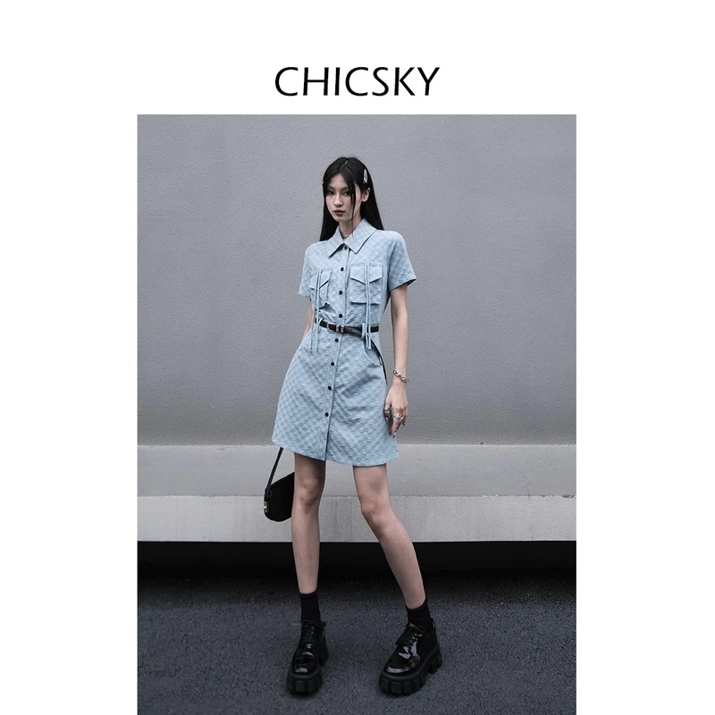 CHICSKY 原创衬衫连衣裙2023新款女夏季设计感格子短款牛仔裙子