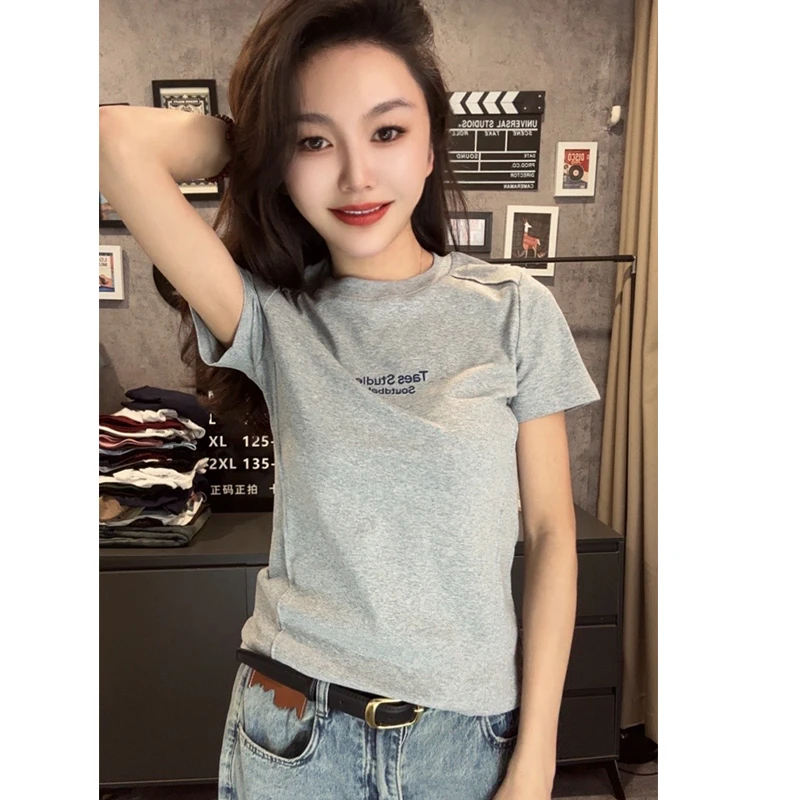 2025新款春季刺绣棉T恤女柔软亲肤时尚百搭圆领上衣