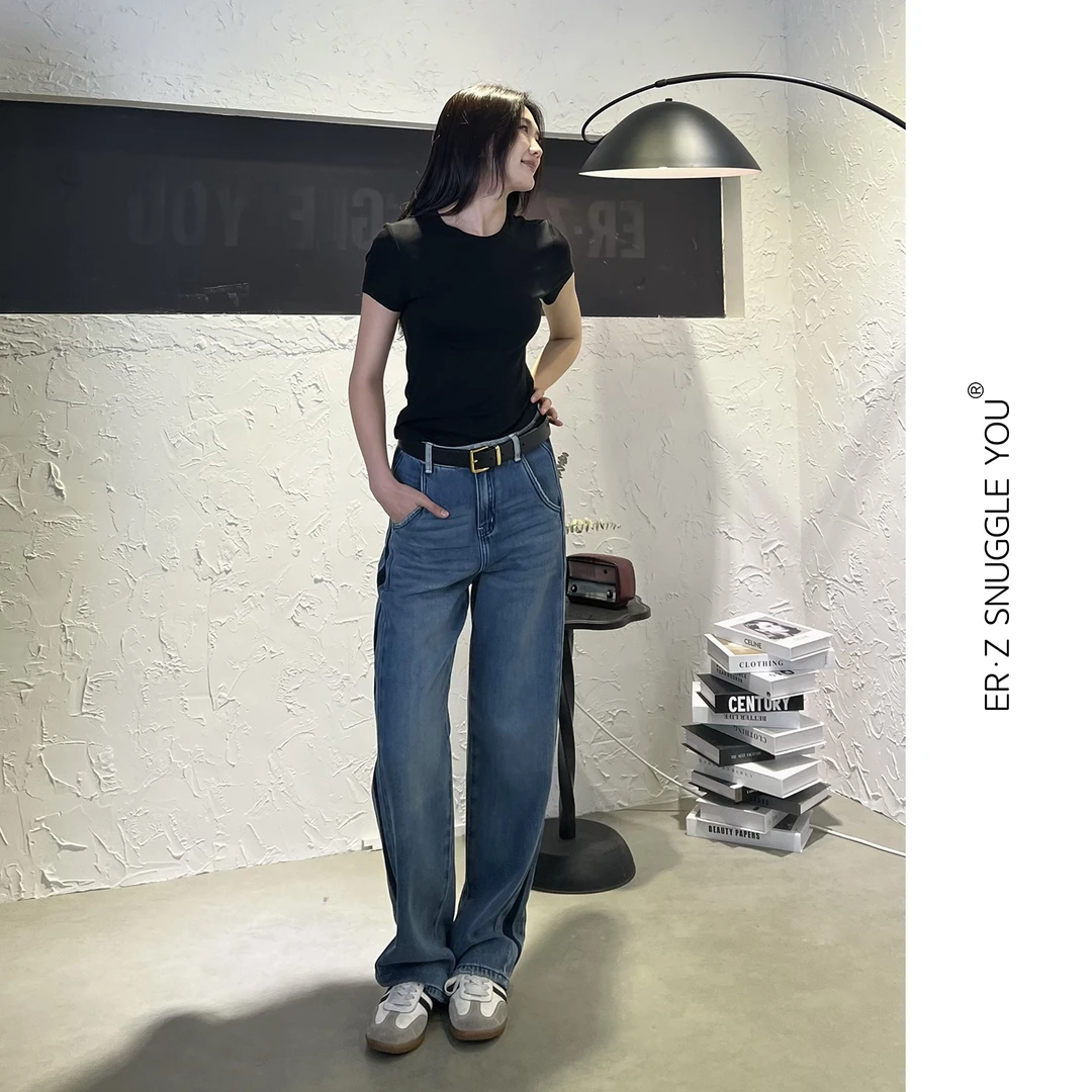 ERZ墨小墨|蓝色水洗牛仔裤拼色撞色牛仔女裤复古直筒裤女 M4CN183