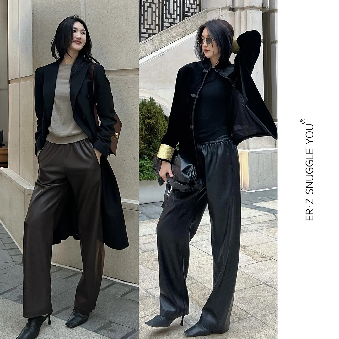 ERZ墨小墨|春夏松紧腰蛋白皮裤遮肉显瘦直筒加绒保暖皮裤女 L3321