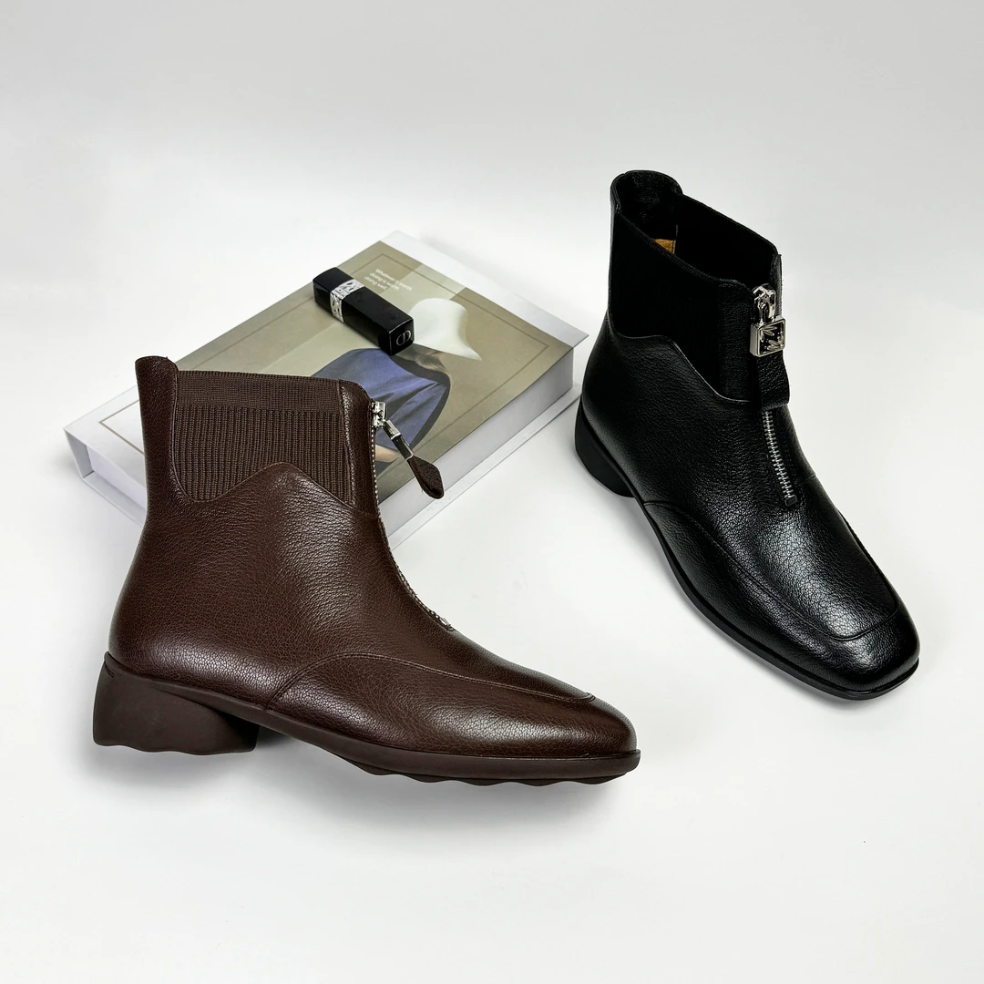 3CM低跟秋冬时装靴短靴时尚休闲百搭真皮粗跟潮流英伦风冬季