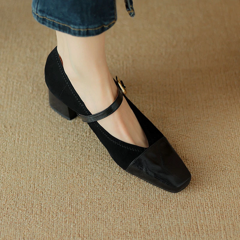 复古方头皮带扣粗跟单鞋春秋新款羊皮中跟优雅小皮鞋女鞋真皮浅口
