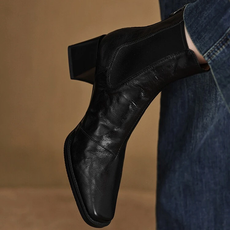 羊皮时装靴秋冬加绒真皮粗跟高跟短靴女经典款棕色切尔西靴短筒鞋