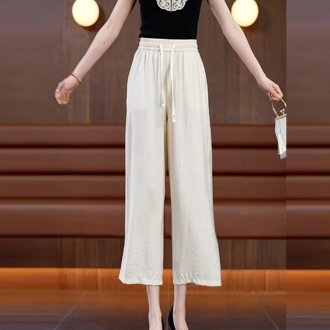 夏季新款时尚中年妈妈装高腰显瘦宽松通勤透气纯色直筒阔腿裤