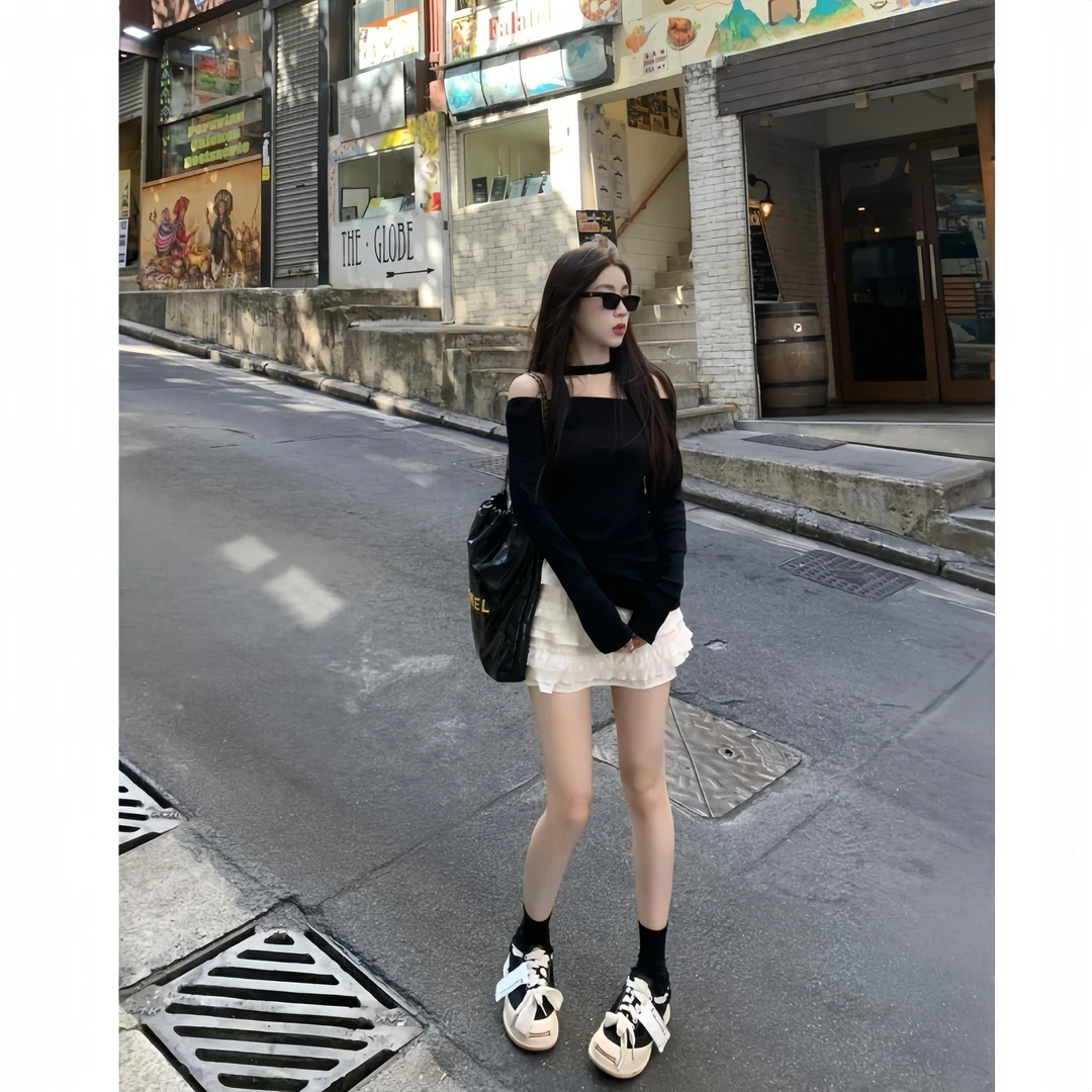 一字肩黑色挂脖长袖修身显瘦辣妹打底衫女秋季新款白色蓬蓬A字裙