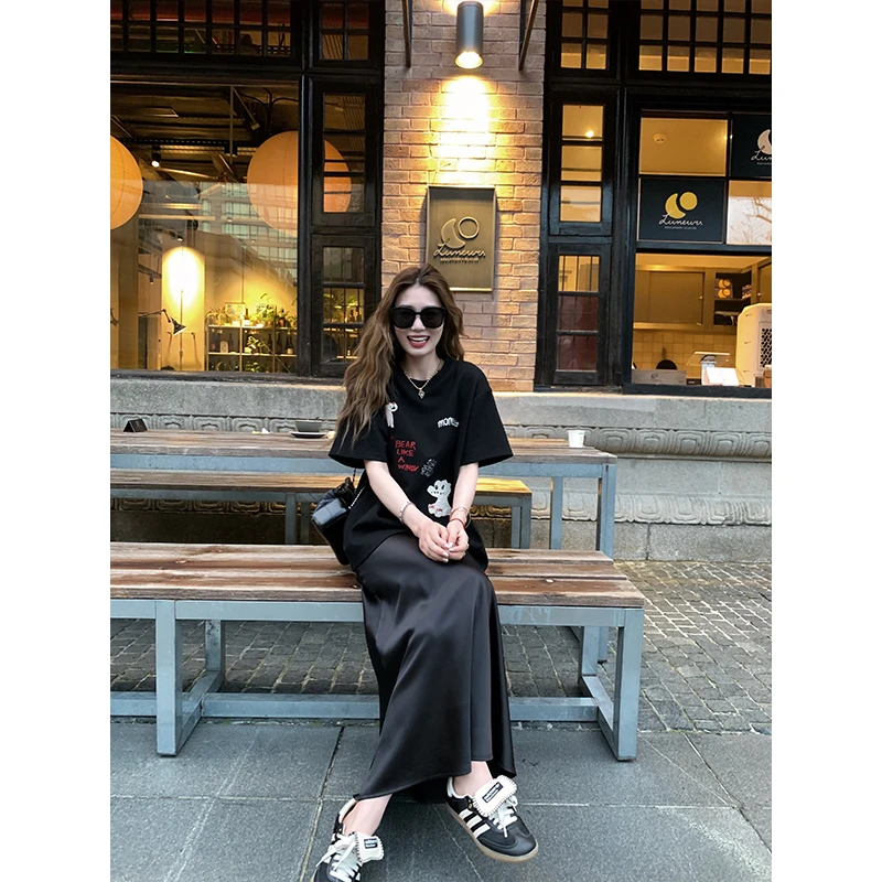 【zoo俱乐部】2025夏季新款时尚卡通设计黑色短袖T恤小个子休闲上衣